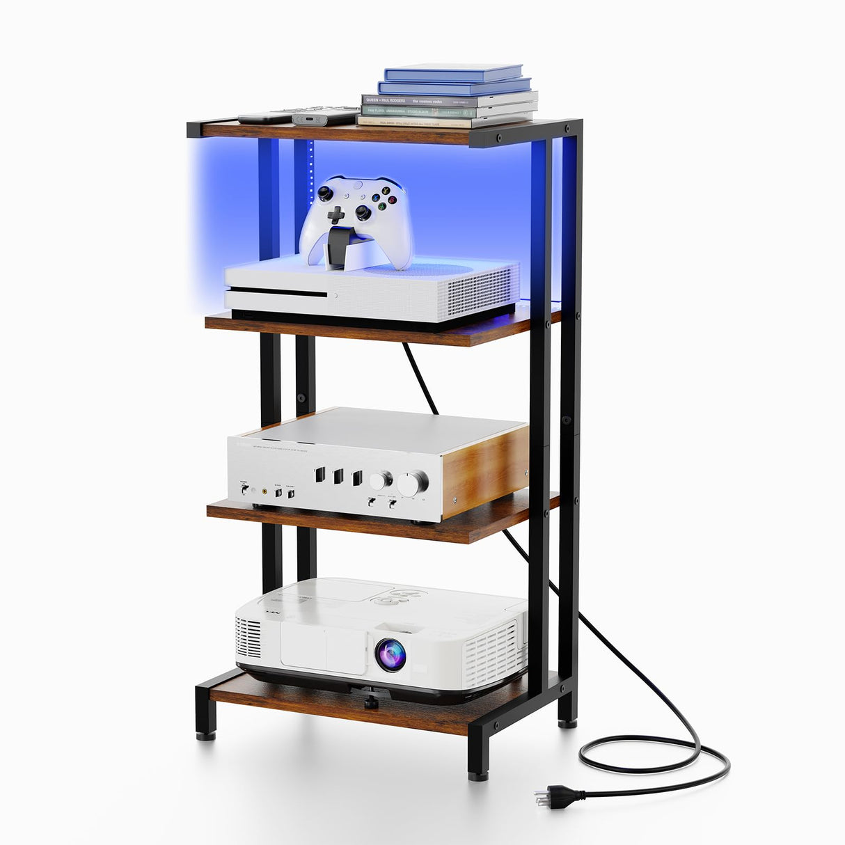 X-cosrack 4-Tier AV Media Stand with Power Strips,Wooden Corner TV Stand Shelf with LED Lights,Stereo Component Cabinet Audio Rack Stand Tower Ideal for DVD Players,Game Console TV Box,Cable Box,Xbox X-cosrack