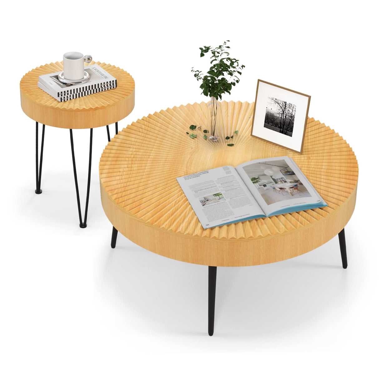 COSTWAY Farmhouse Round Coffee Table Set of 2, Rustic Sofa Side Tea Tables w/Wood Finish, Metal Frame, Adjustable Foot Pads, Nesting End Table Set for Living Room, Bedroom (Radial Pattern) COSTWAY