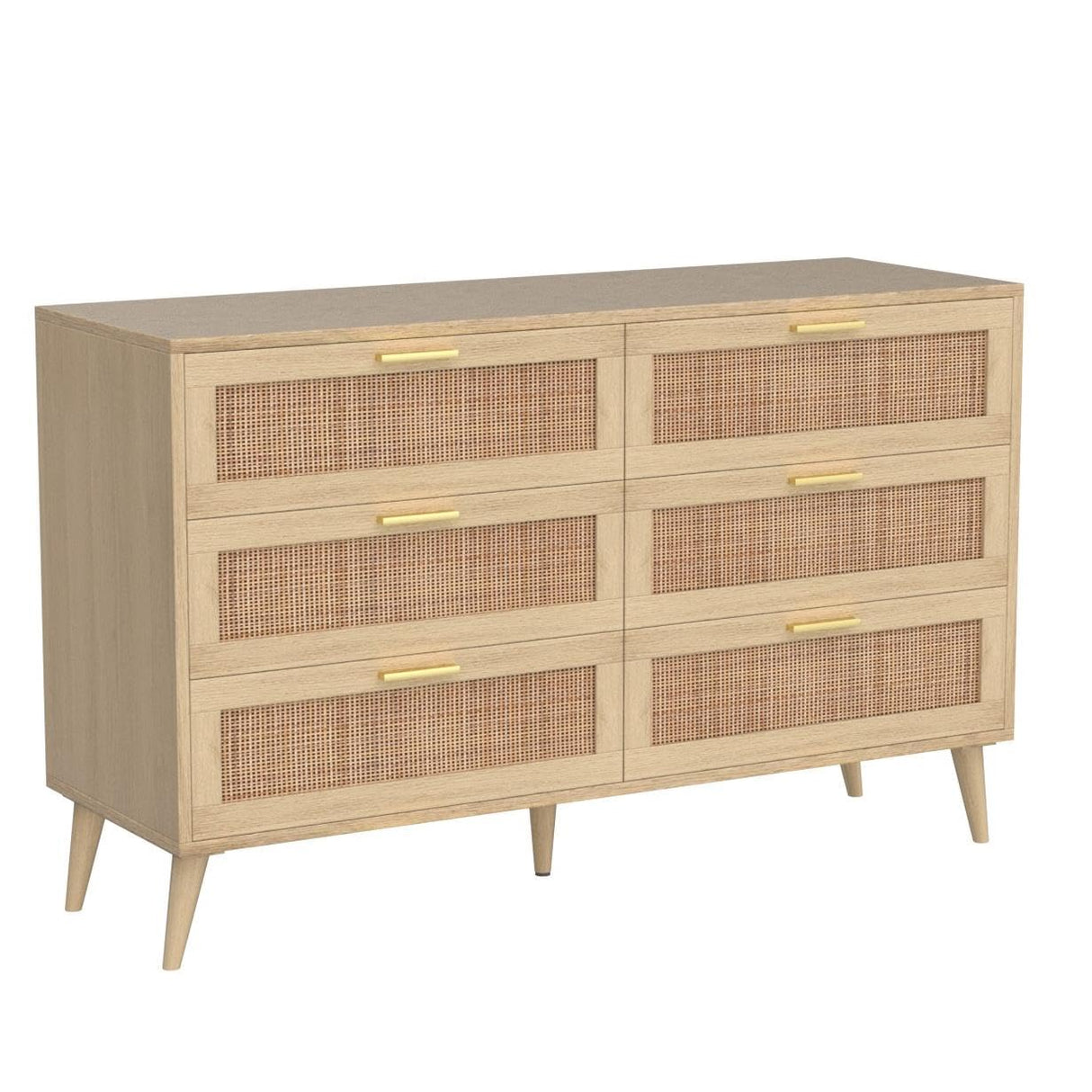 Rovaurx 6 Drawer Double Dresser for Bedroom, Rattan Chest of Dressers, Modern Wooden Dresser Chest with Golden Handles, Beside Table for Closet, Living Room and Entryway, Natural RDG001M Rovaurx