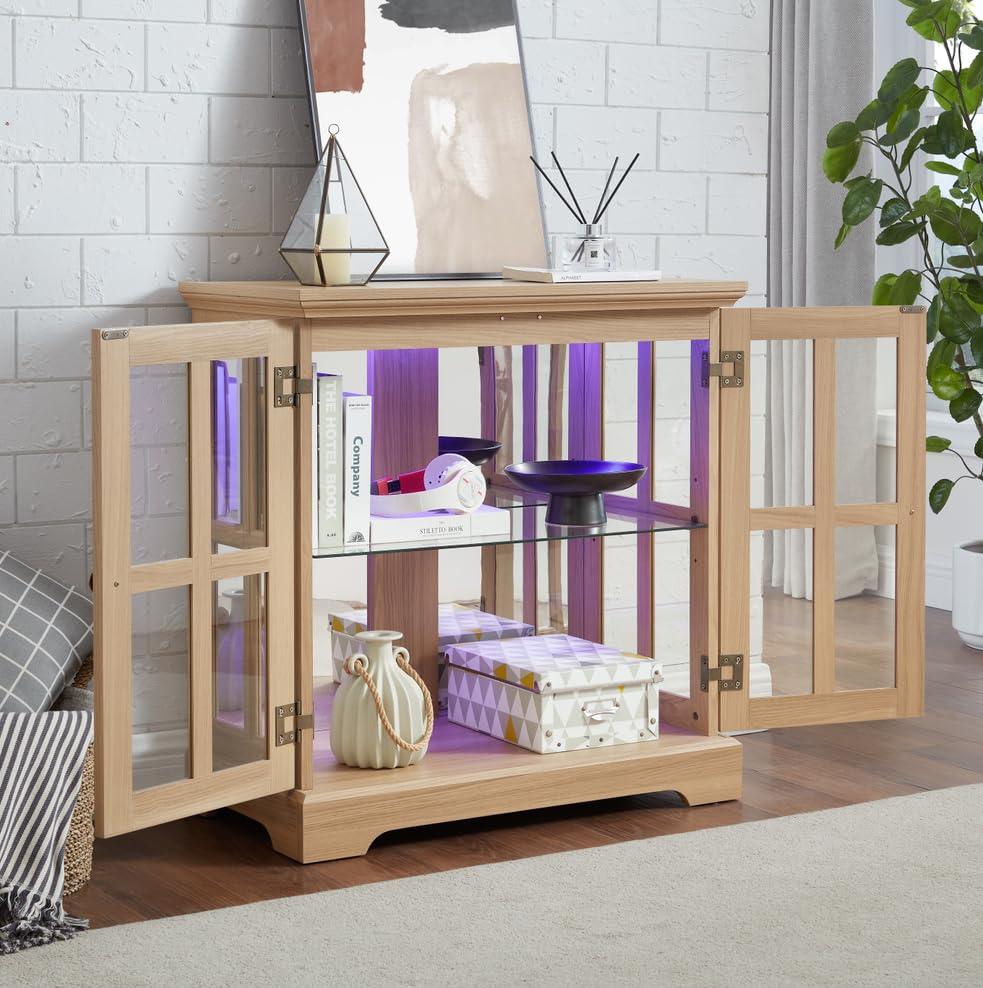 LED Curio Display Cabinet, Antique Display Cabinet with Adjustable Shelves, Retro Design Quality Showcase with Lattice Doors, Elegant Bookcase and Storage Cabinet for Home Decor (Oak) Maxtude
