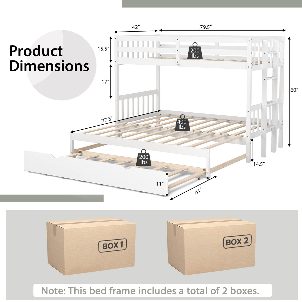 KOTEK Pull-Out Bunk Bed with Trundle, Twin Over Full, Twin Over 2 Twins Bunk Bed with Ladder & Safety Rails Accommodate 4 People, Detachable Solid Wood Bunk Bed for Kids, Adults (White) KOTEK