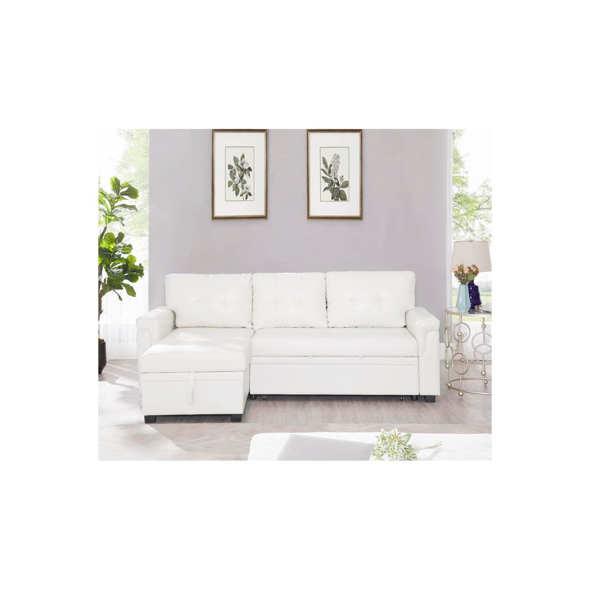 Naomi Home Transform Any Space: Sleeper Sectional Sofa with Convertible Sofa Bed & Inviting Chaise. Find Tranquil Comfort with Stress-Relieving Design & Durable Cushions - White/Air Leather Naomi Home
