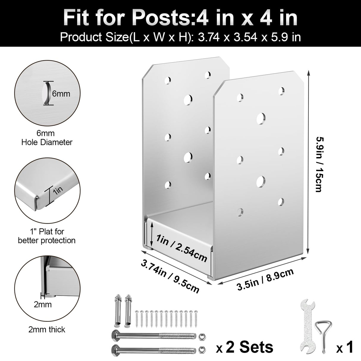 FMhotu 4"x 4" Post Base, 2Pcs Stainless Steel Adjustable Post Anchor Bracket (Internal 3.5 x 3.5), Adjustable Post Base for Pavilion Deck Porch Handrail Railing Support Decorative Anchor Plate FMhotu