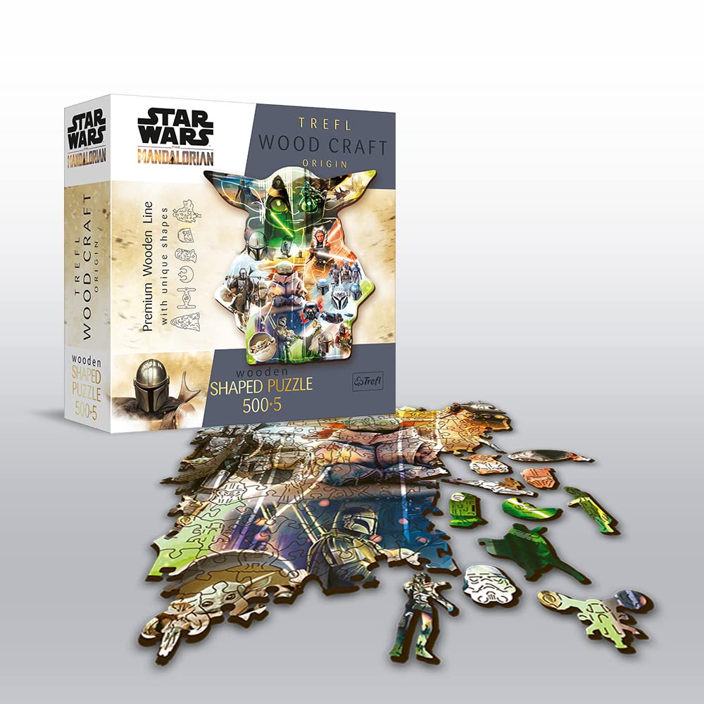 Trefl Star Wars The Mandalorian Wood Craft 500+5 Piece Jigsaw Puzzle The Mysterious Grogu Irregular Shapes, 50 Special Puzzles, Modern Premium Puzzle, for Adults and Children from 12 Years Old Trefl