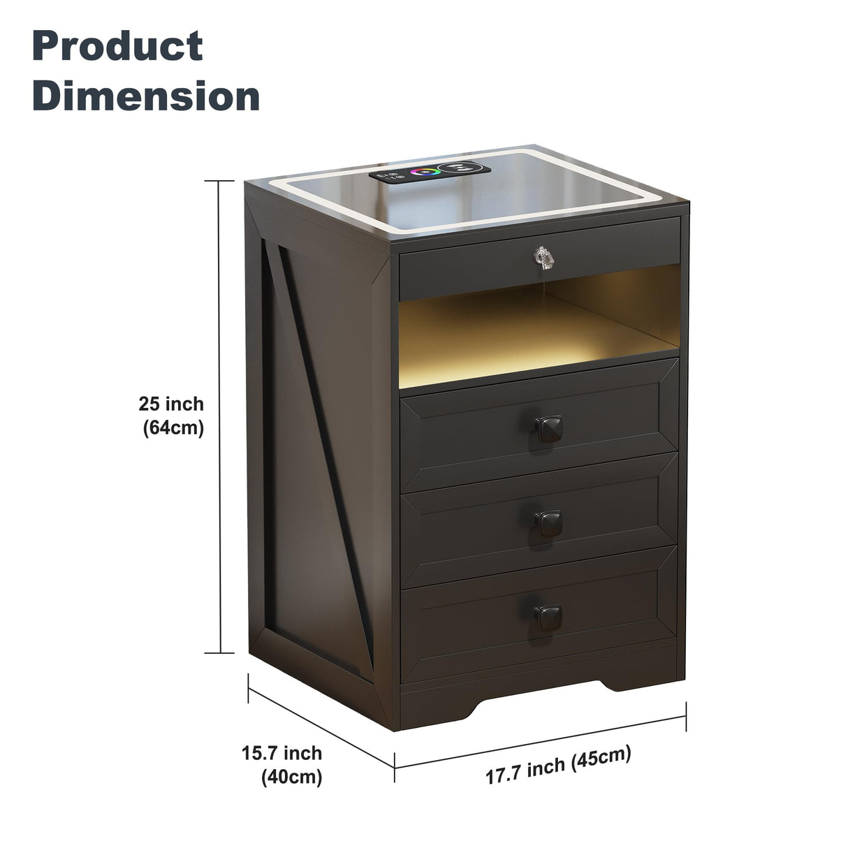 Lvifur RGB Nightstand with Gun Drawer, Glass Top Bedside Table with Wireless Charging Station, LED Night Stand with Human Sensor Design, Modern End Table for Bedroom Living Room (Black) Lvifur