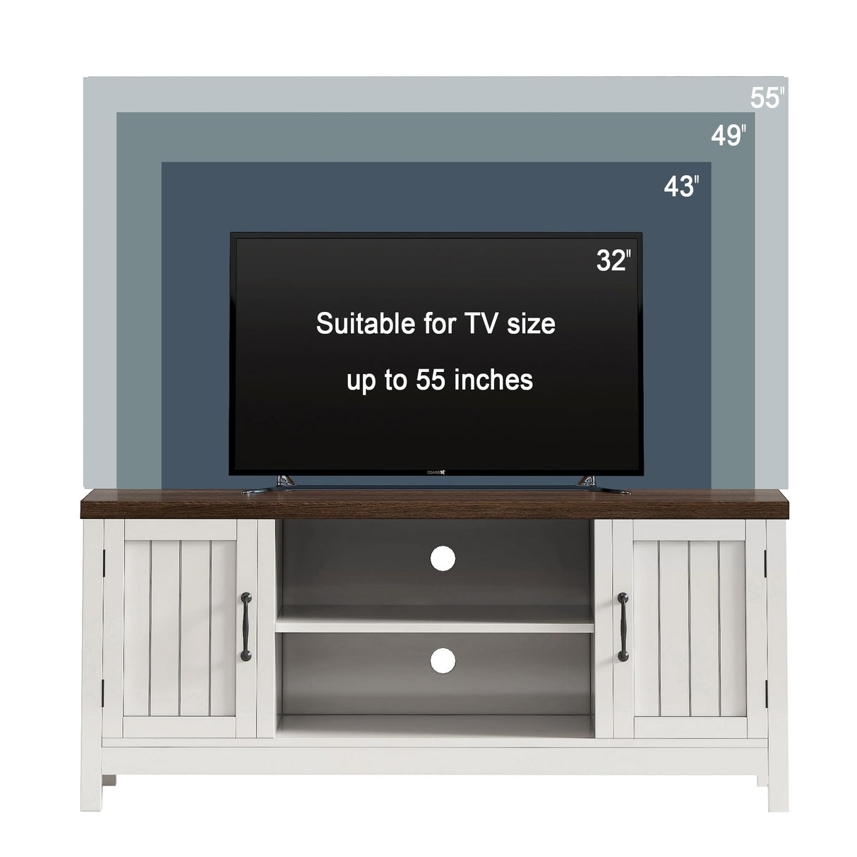 ChooChoo Farmhouse TV Stand, Wood Grooved Door Entertainment Center with Storage Cabinets and Open Shelves, Rustic Media Console up to 55 inches for Living Room, Bedroom, White ChooChoo