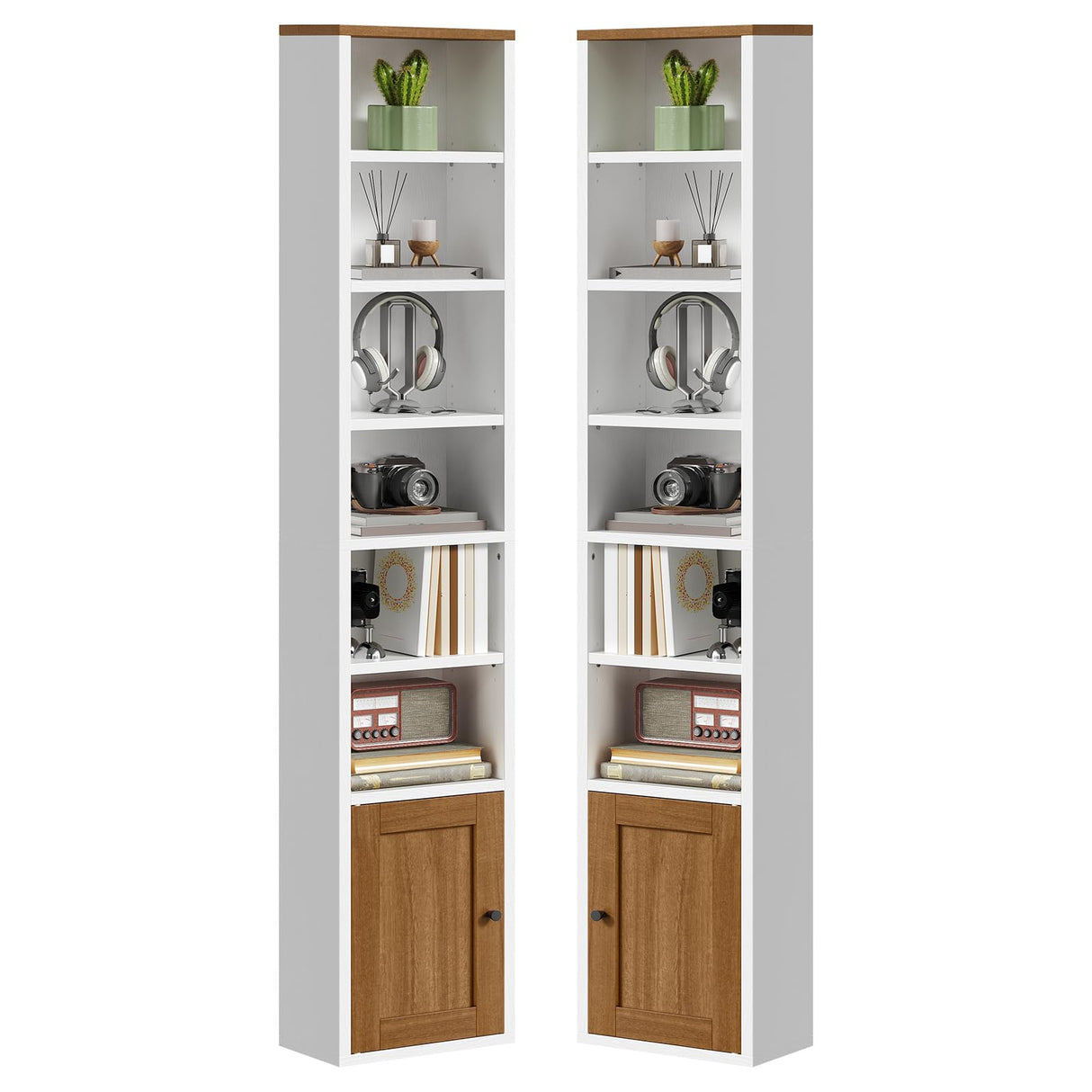 RALGEND 7-Tier Tall Narrow Bookshelf with Door Set of 2, 71 Inches CD DVD Slim Media Tower Rack with Storage Cabinet, Adjustable Shelves, Skinny Display Bookcase for Home Office, White and Walnut RALGEND