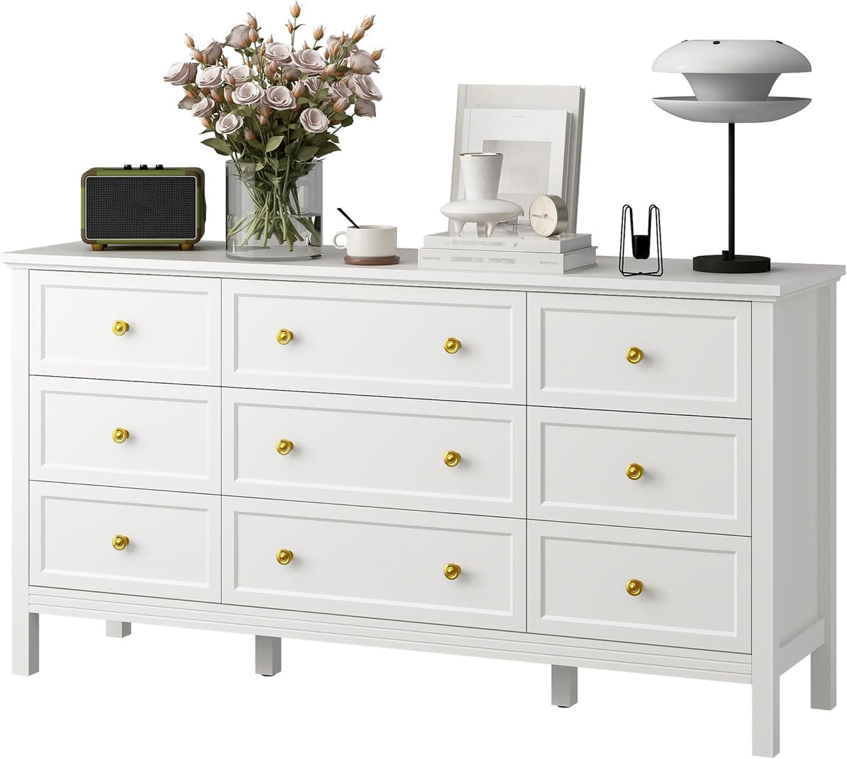 LYNSOM 59" White Dresser for Bedroom, 9 Drawer Wood Dresser with Gold Handles, Wide Large Dressers & Chests of Storage Drawers for Hallyway, Entryway LYNSOM