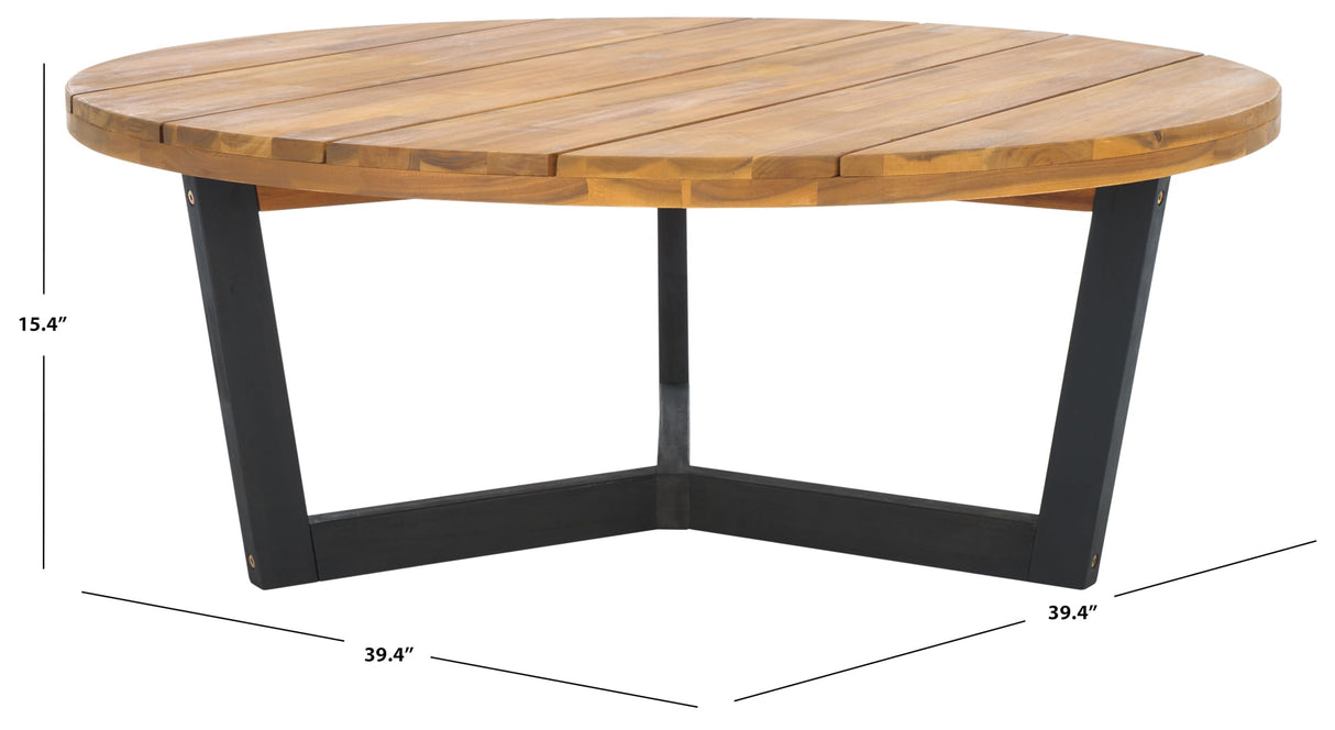 SAFAVIEH Outdoor Collection Leo Natural/Black Solid Wood Round Coffee Table SAFAVIEH