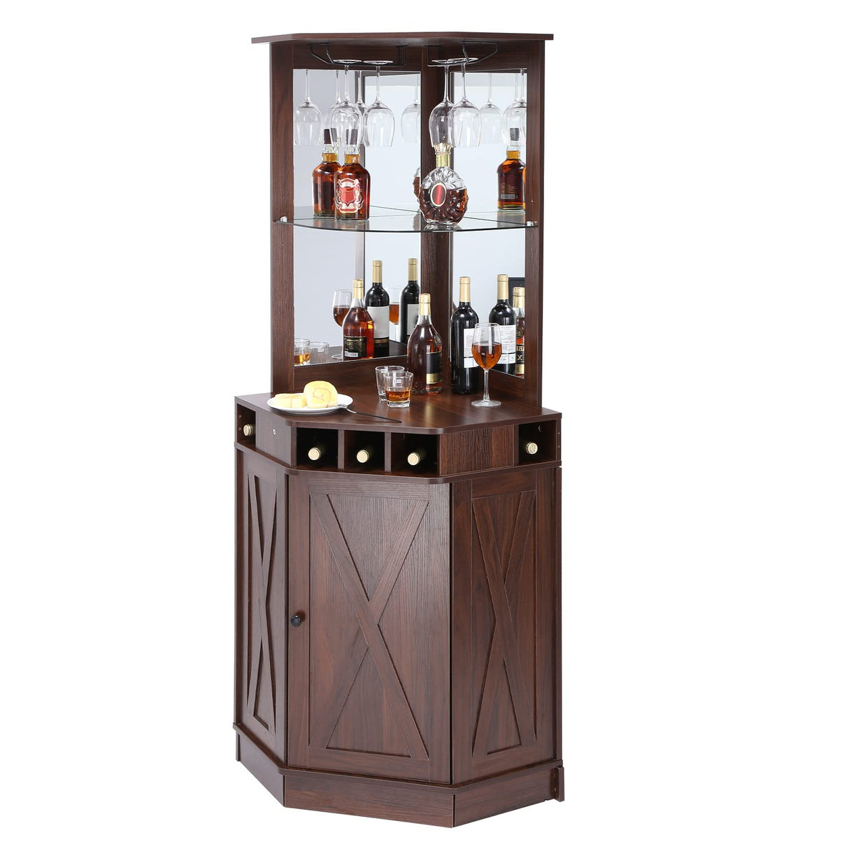 VEVOR Corner Industrial Bar Cabinet, Wine Table for Liquor & Glasses, Sideboard Buffet Cabinet with Glass Holder, Freestanding Farmhouse Wood Coffee Bar Cabinet for Living Room, Home Bar, Black Walnut VEVOR