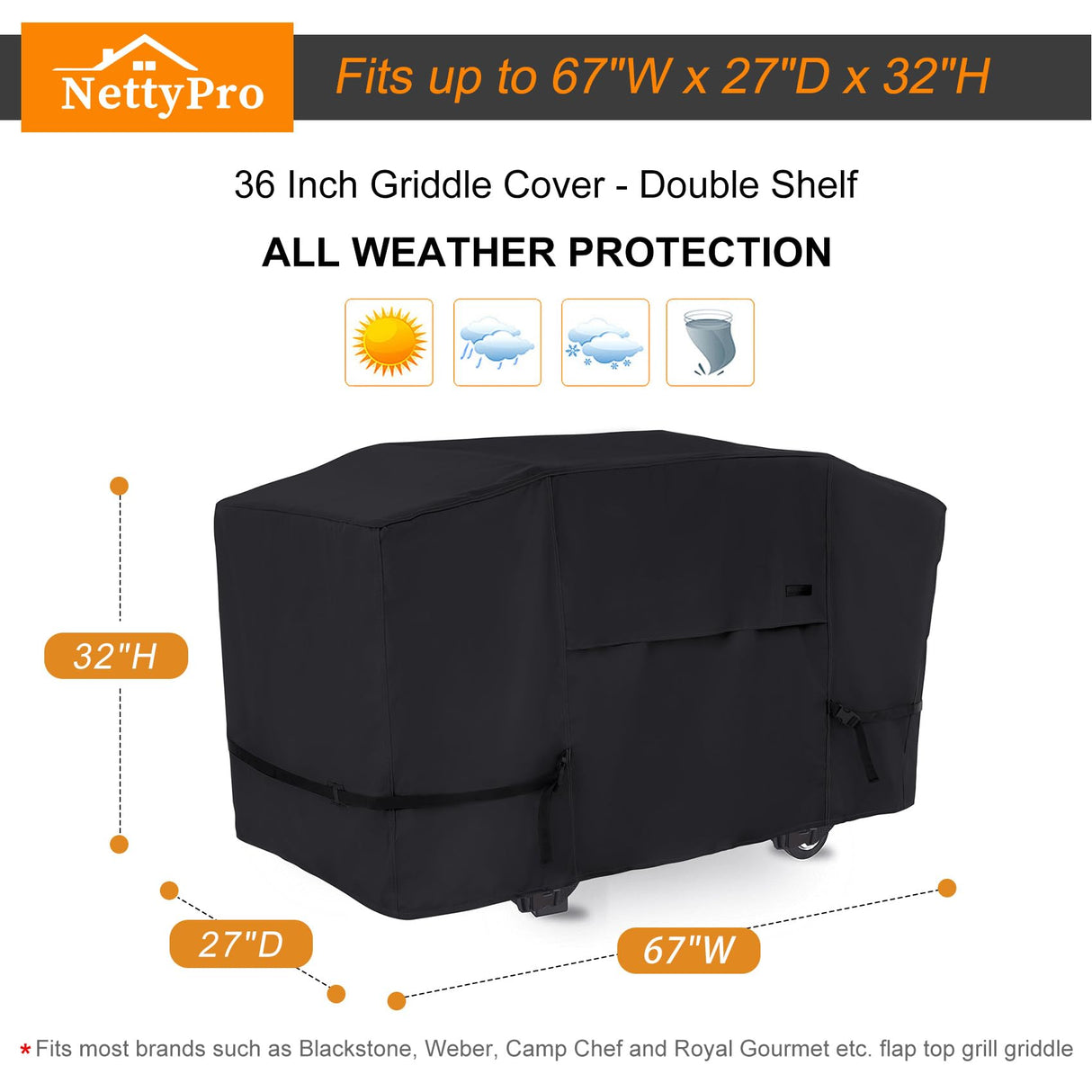 NettyPro Griddle Cover for Blackstone 36 inch Griddle Waterproof UV Resistant 4 Burner Flat Top Gas Grill Cover for Blackstone 36" Griddle Cooking Station and Camp Chef FTG600, Black NettyPro