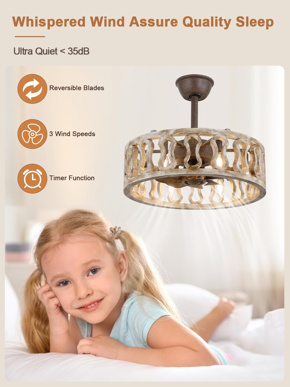 Curve Curio Caged Ceiling Fans with Lights, 18 Inch Farmhouse Ceiling Fans with Lights and Remote, Industrial Fandelier Ceiling Fan Bladeless for Bedroom Living Room Curve Curio