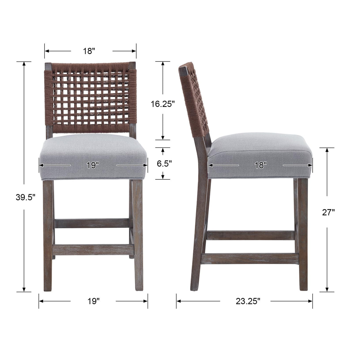 DM Furniture 27" Farmhouse Counter Height Bar Stools Set of 4 for Kitchen Island Midcentury Linen Upholstered Stool Chairs with Wicker Backrest and Wood Legs for Home Bar/Dining Counter/Patio, Grey DM Furniture
