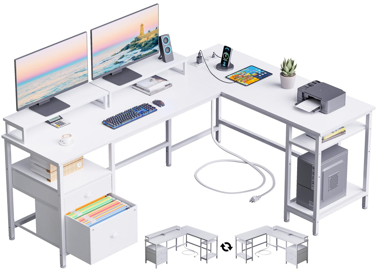 Furologee White 66” L Shaped Desk with Power Outlet, Reversible Computer Desk with File Drawer & 2 Monitor Stands, Home Office Desk with Storage Shelves, Corner Desk for Gaming Writing Furologee