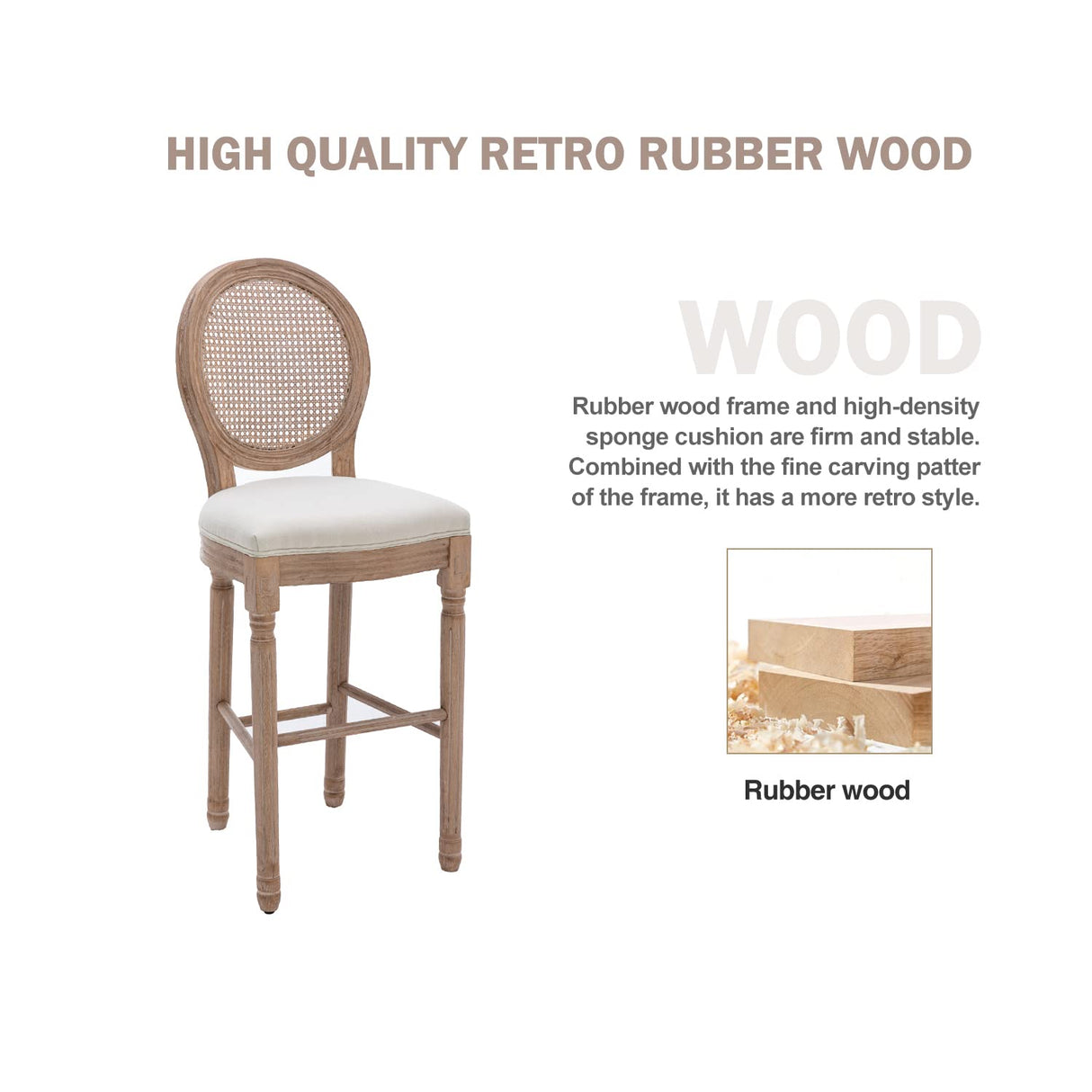 Nrizc Farmhouse Bar Stools Set of 4, French Country BarStools with Solid Wood Frame and Upholstered, Rattan Back Kitchen Bar Stool for Dining Room, Kitchen Nrizc