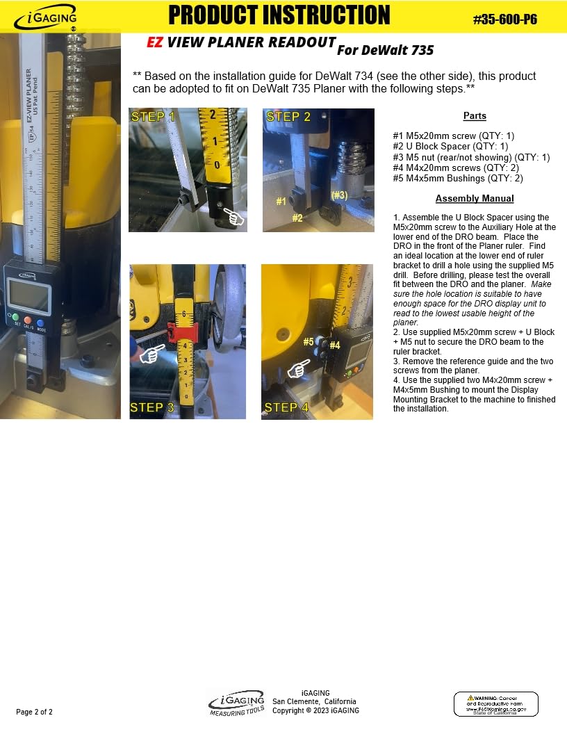 iGaging EZ-View Digital Planer Readout DRO for Portable Planer - Planer Accessories Kit for Dewalt 734 735 and More! IP54 Dust and Moisture Protection (35-600-P6 iGaging