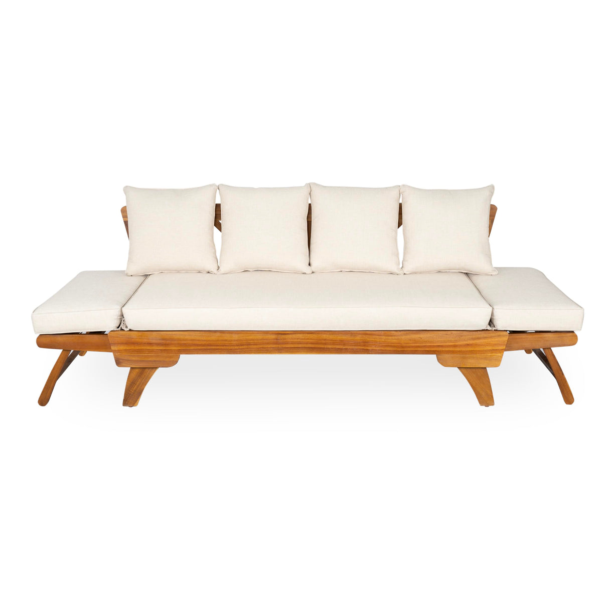 Merax Outdoor Patio Daybed Sofa,3-Seat Sofa with Foldable Arm 4 Back Pillows,Teak Acacia Wood Frame Beige Removable Cushion,Teak+ Beige Merax