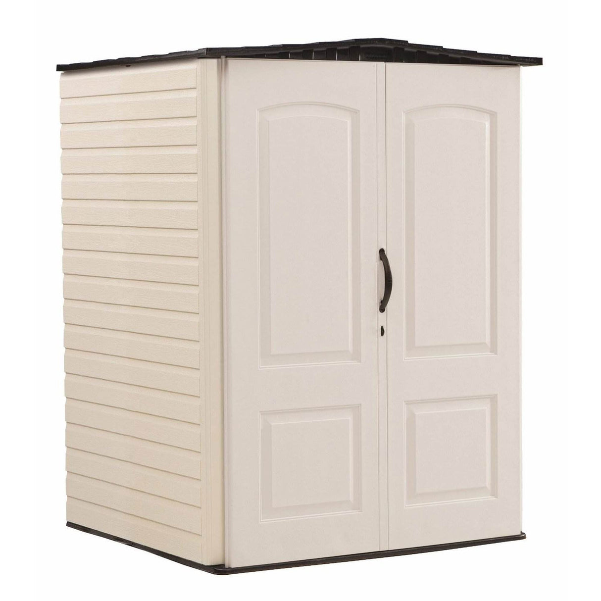 Rubbermaid Medium Vertical Resin Outdoor Storage Shed With Floor (4.3 x 4.6 Ft), Weather Resistant, Beige/Brown, Organization for Home/Backyard/Garden Tools/Lawn Mower/Bike Storage/Pool Supplies Rubbermaid