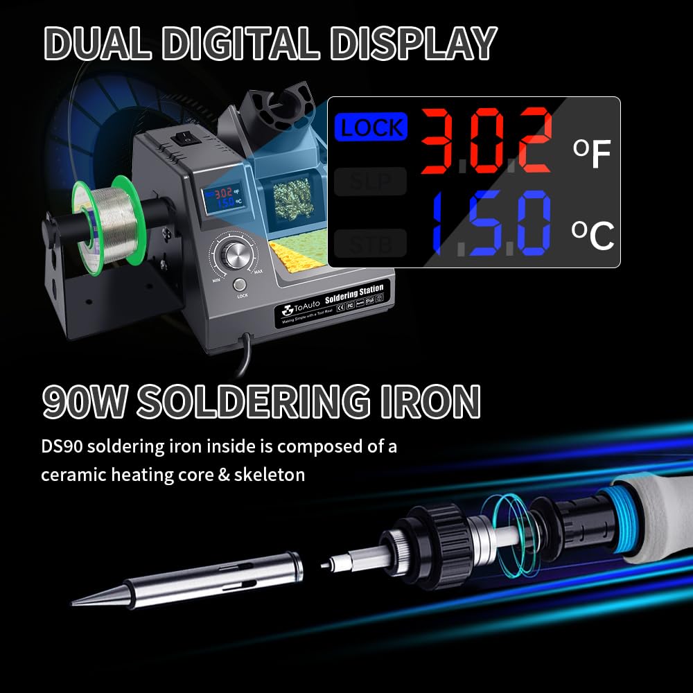 TOAUTO DS90 Soldering Station-°F & °C Dual Digital Display Soldering Iron Station Kit,90W Soldering Iron,302℉- 842℉ Temperature, Anti-Static Design & Grounding Wire, Auto Standby & Sleep,5 Solder Tips TOAUTO