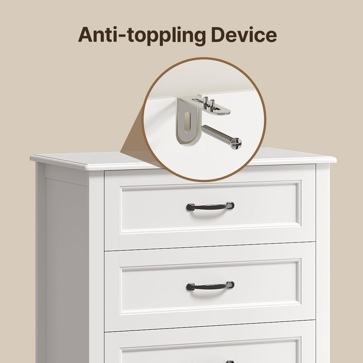 Gizoon 5 Drawer Dresser, White Wood Chest of Drawers for Bedroom, 43.3" Large Capacity Storage Cabinet with Anti-Tip Device, for Clothes, Living Room, Hallway, Office Gizoon