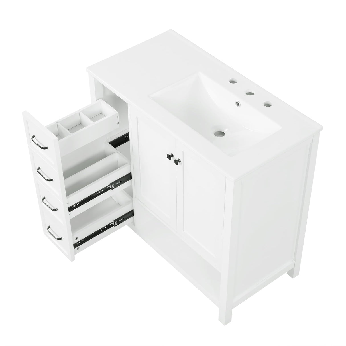 Merax 36" Bathroom Vanities Cabinet with Right Side Sink, Multi-Functional Drawers, Two Soft Closing Doors, Open Shelf, White Merax