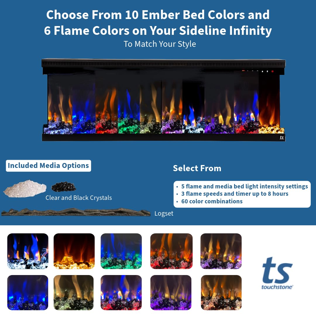 Touchstone Sideline Infinity 3-Sided Smart 72-inch WiFi-Enabled Electric Fireplace - 80051 - Built-in - 60 Color Combinations - 1500/750 Watt Heater (68-88°F Thermostat) - Black - Log & Crystals Touchstone
