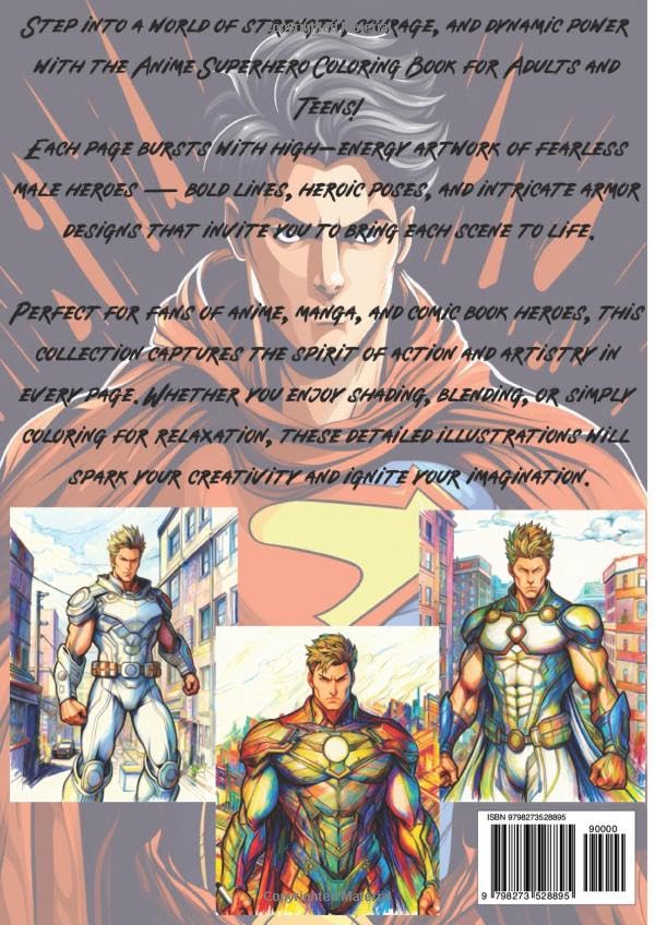 Anime Superhero Coloring Book for Adults and Teens: Epic Male Heroes in Action | Dynamic Anime Style Line Art | Bold & Powerful Coloring Pages for Comic and Manga Fans Majosta