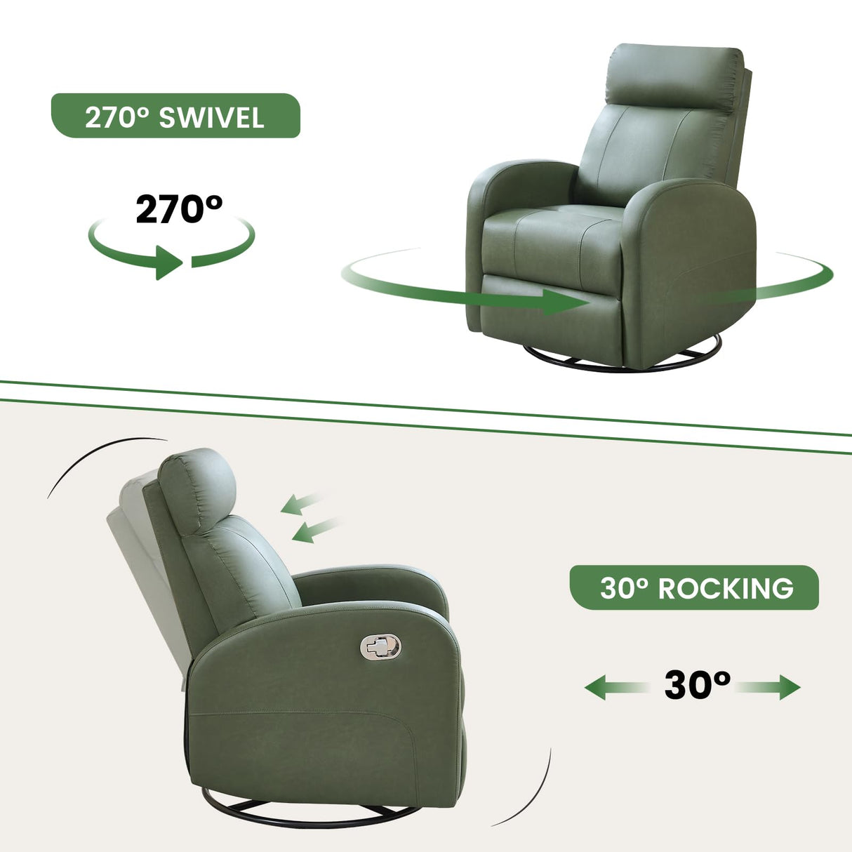 HOMYKA Swivel Rocker Recliner, Faux Leather Rocking Recliner Chair with Manual Adjustable Footrest, Reclining Chair Nursery Glider Recliners for Small Spaces, Living Room, Dark Green HOMYKA