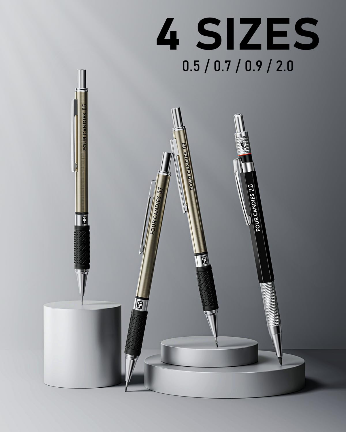 FourCandies 25PCS Art Mechanical Pencil Set with Case, 3PCS Metal Artist Lead Pencil 0.5, 0.7, 0.9 mm & 3PCS 2mm Lead Holder(HB 2H 2B 4B Color) with 432PCS Graphite Lead Refills for Drawing Sketching Four Candies