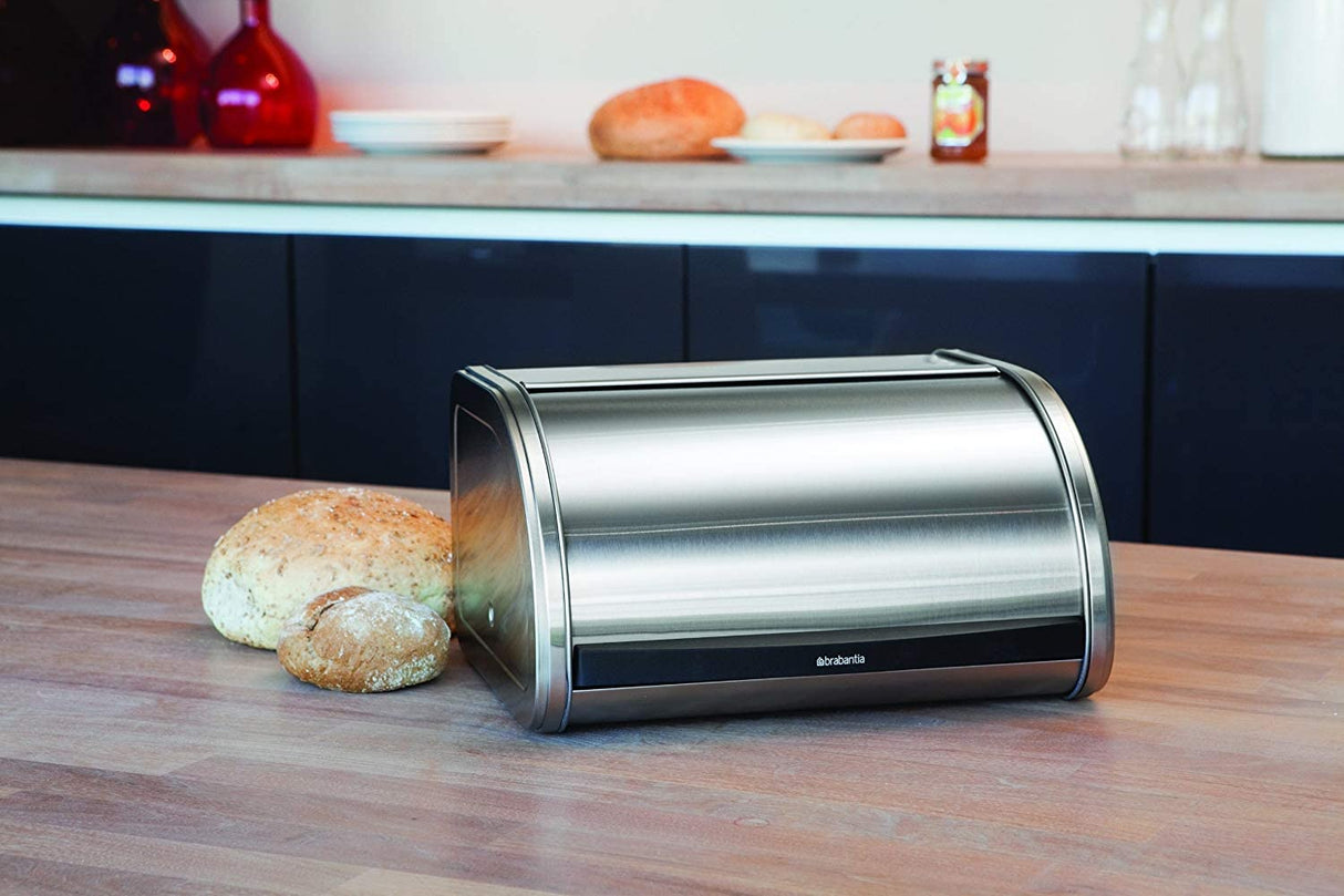 Brabantia Medium Roll Top Bread Box (Matt Steel) Large Grip Front Opening, Partially Flat Top Bread Box, Fits 1 Loaf, Ideal for Kitchen Counter Brabantia