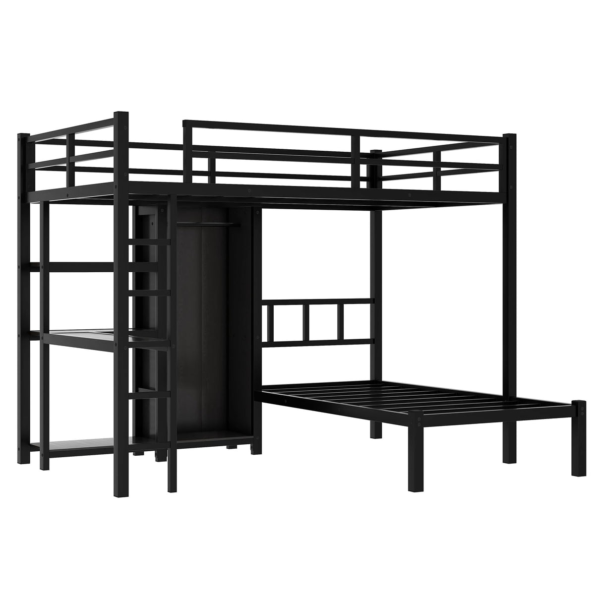 Metal Full XL Over Twin Bunk Bed, Multi-Functional Bunk Bed with Desk,Bookshelf,Storage Shelves and Wardrobe for Kids Teens Adults KLMM