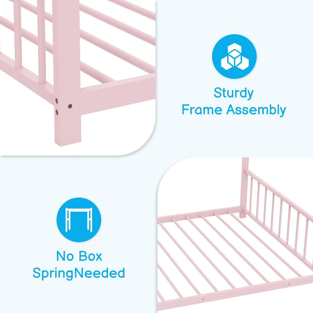 Karl home Twin Size Toddler Floor Bed, Metal Montessori Bed with Slats & Fence, Roof/House/Canopy Bed Frame for Girls, Boys, No Box Spring Needed, Pink Karl home