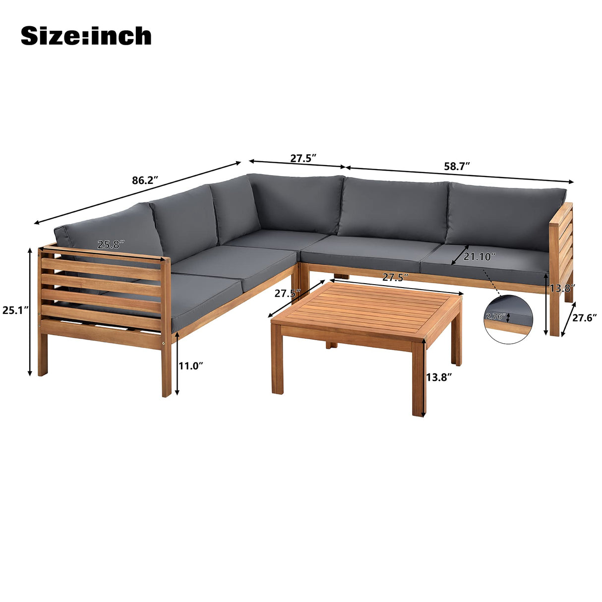 AOCHUANG Eucalyptus Wood 4 Piece Sectional Sofa Set Coffee Table Removable Cushion,Patio Seating Group L Shape Corner Garden Backyard Poolside (Natural Wood+Gray), 58.7inch x 27.6inch 25.1inch(L W H) AOCHUANG