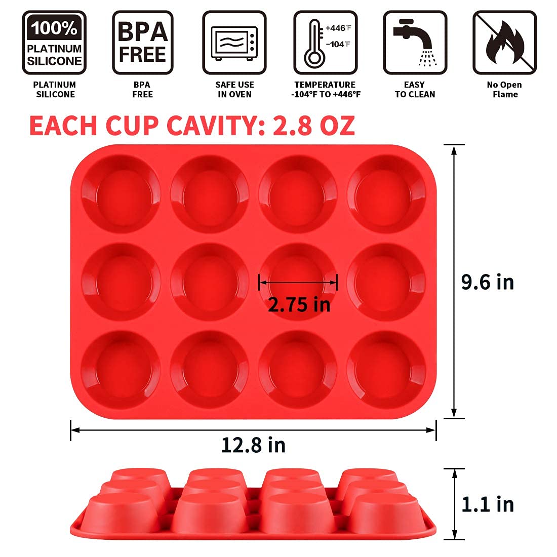 CAKETIME 12 Cups Silicone Muffin Pan - Nonstick Cupcake Pan 1 Pack Regular Size Silicone Mold for Baking CAKETIME