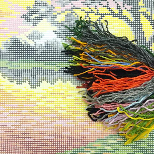 Brvsk Landscape Embroidery Kit for Adults and Beginners — Sunset 16″ × 16″ with Clear, Precise Printed Design on Cotton Canvas; Includes 2 Needles, Yarn, and Easy-Read Chart
