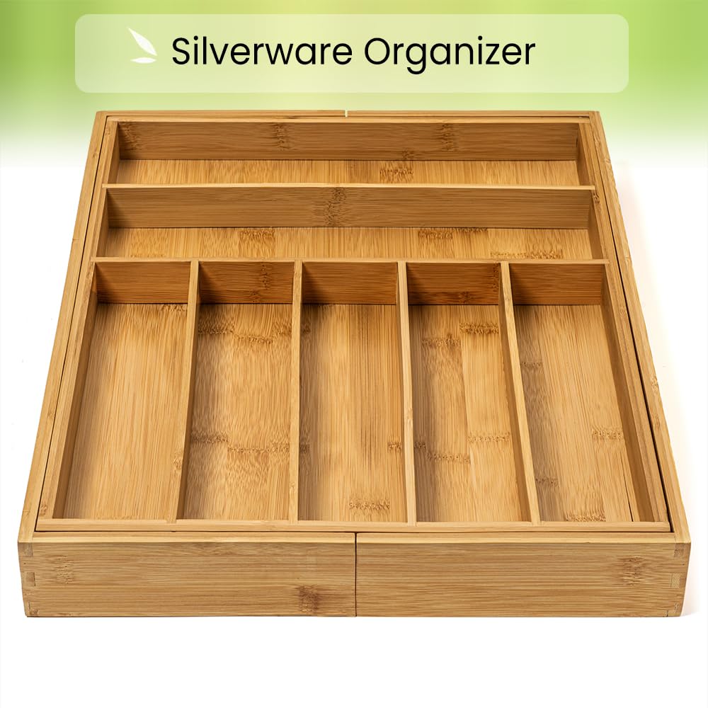 Purawood Bamboo Drawer Organizer - Expandable Silverware Organizer & Utensil Drawer Organizer, Cutlery Tray with Dividers, 7-9 Slots- Premium Kitchen Drawer Organizer for Utensils & Flatware (Natural) Purawood