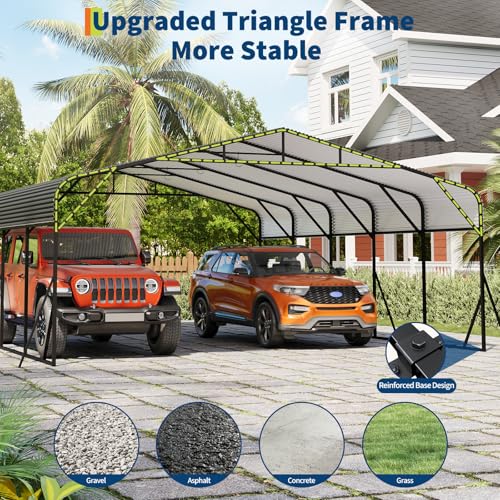 GarveeLife 20x25 FT Metal Carport, Outdoor Car Port Canopy with Reinforced Base and Galvanized Steel Roof, Heavy Duty Garage Car Shelter Shade for SUV, Truck, Boats GarveeLife