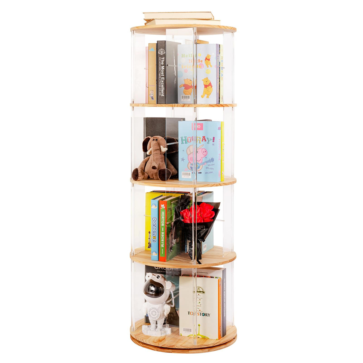 TAKEKIT 360° Rotating Bookshelf, 4-Tier Spinning Book Shelf Tower with Solid Wood & Clear Acrylic, Round Revolving Bookcase for Living Room, Bedroom and Office TAKEKIT