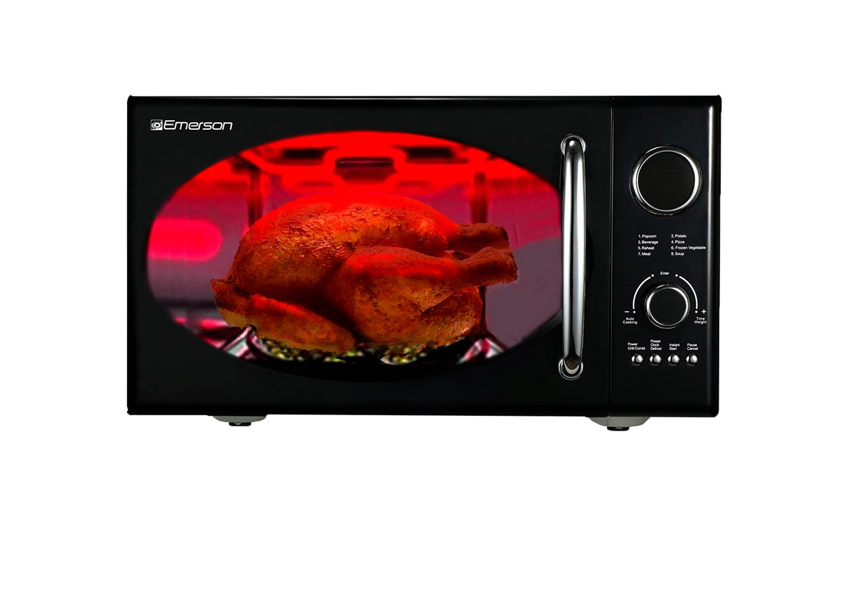 Emerson MWRG0901BK Retro Compact Countertop 800W Microwave Oven with 1,000W Grill Function, LED Display, 5 Power Levels, 8 Auto Menus, Glass Turntable and Child Safe Lock, 0.9 Cu. Ft., Black Emerson