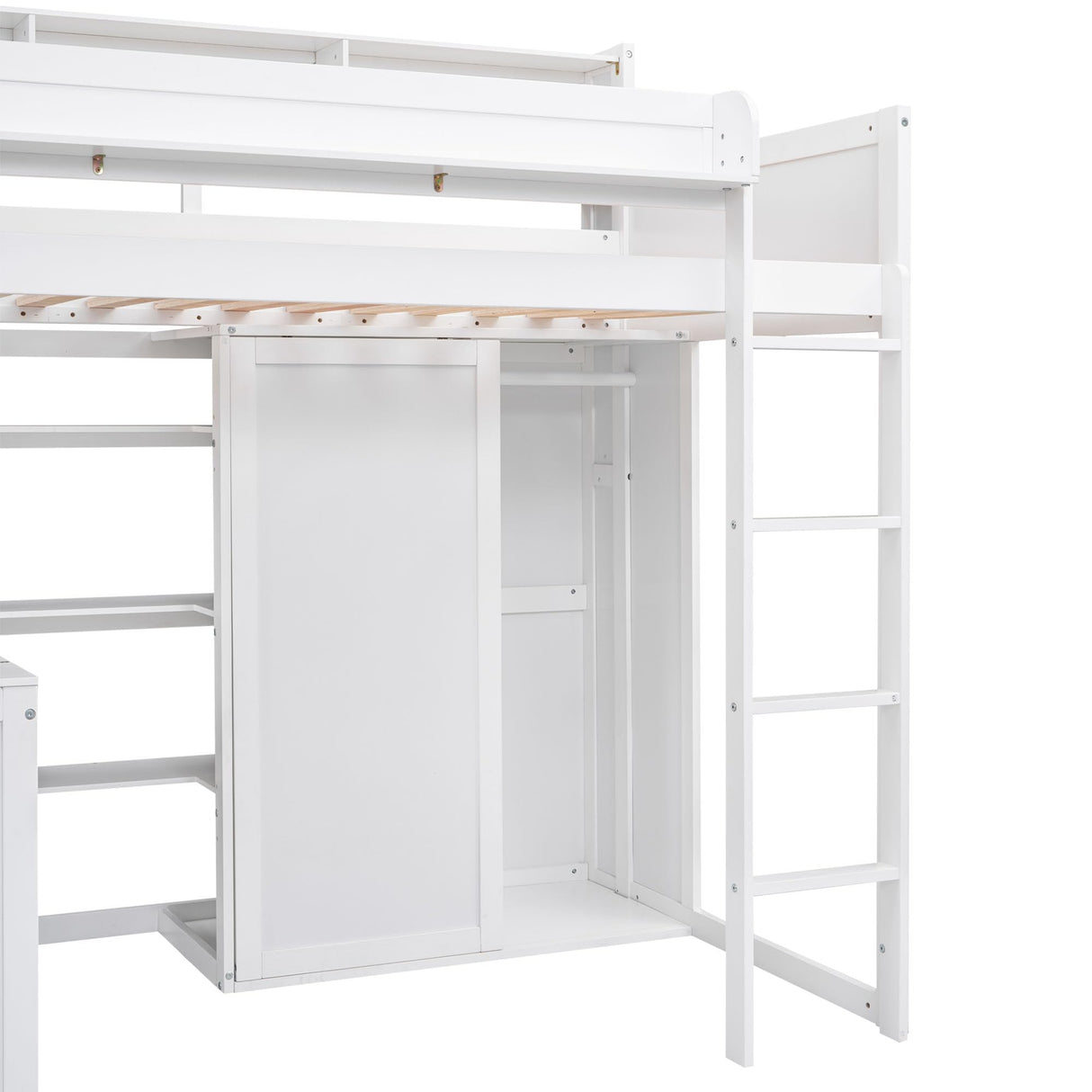 SOFTSEA Twin Loft Bed with Desk, Wardrobe, and Bookcase in White for Space-Saving Style SOFTSEA