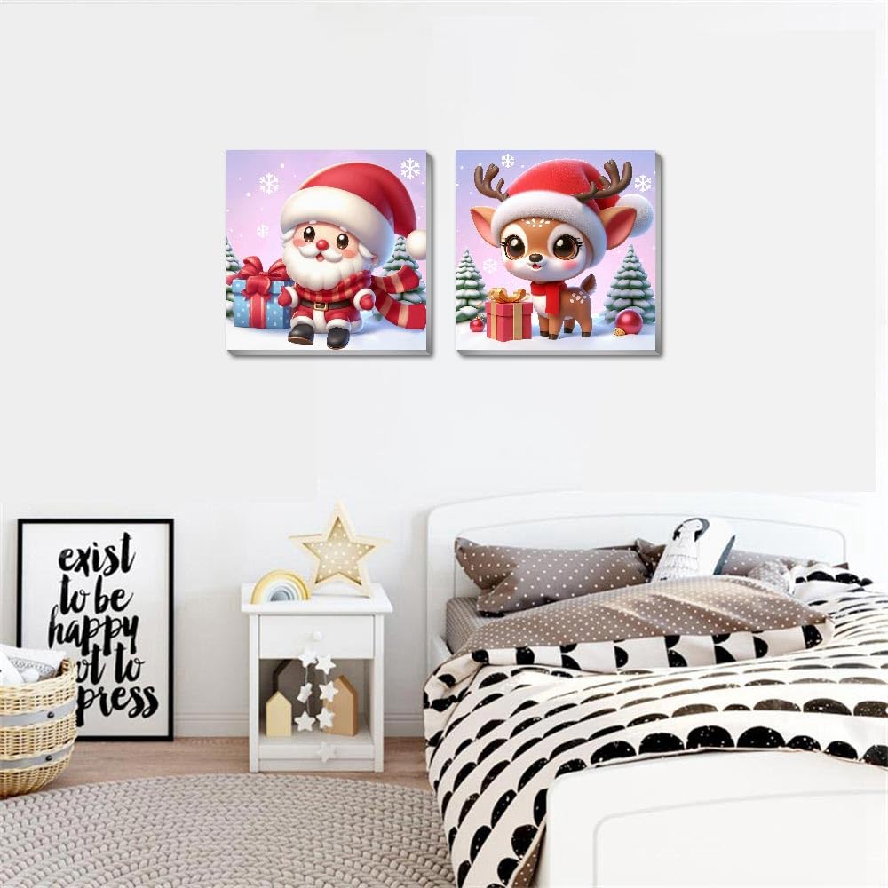 2 Pack Christmas Paint by Numbers for Kids with framed, DIY Cute Cartoon Christmas Kids Paint by Number Kits on Canvas, Arcrylic Easy Paint by Number for Kid and Adults Home Wall Decor 7.8x7.8Inch Amzdiyfun