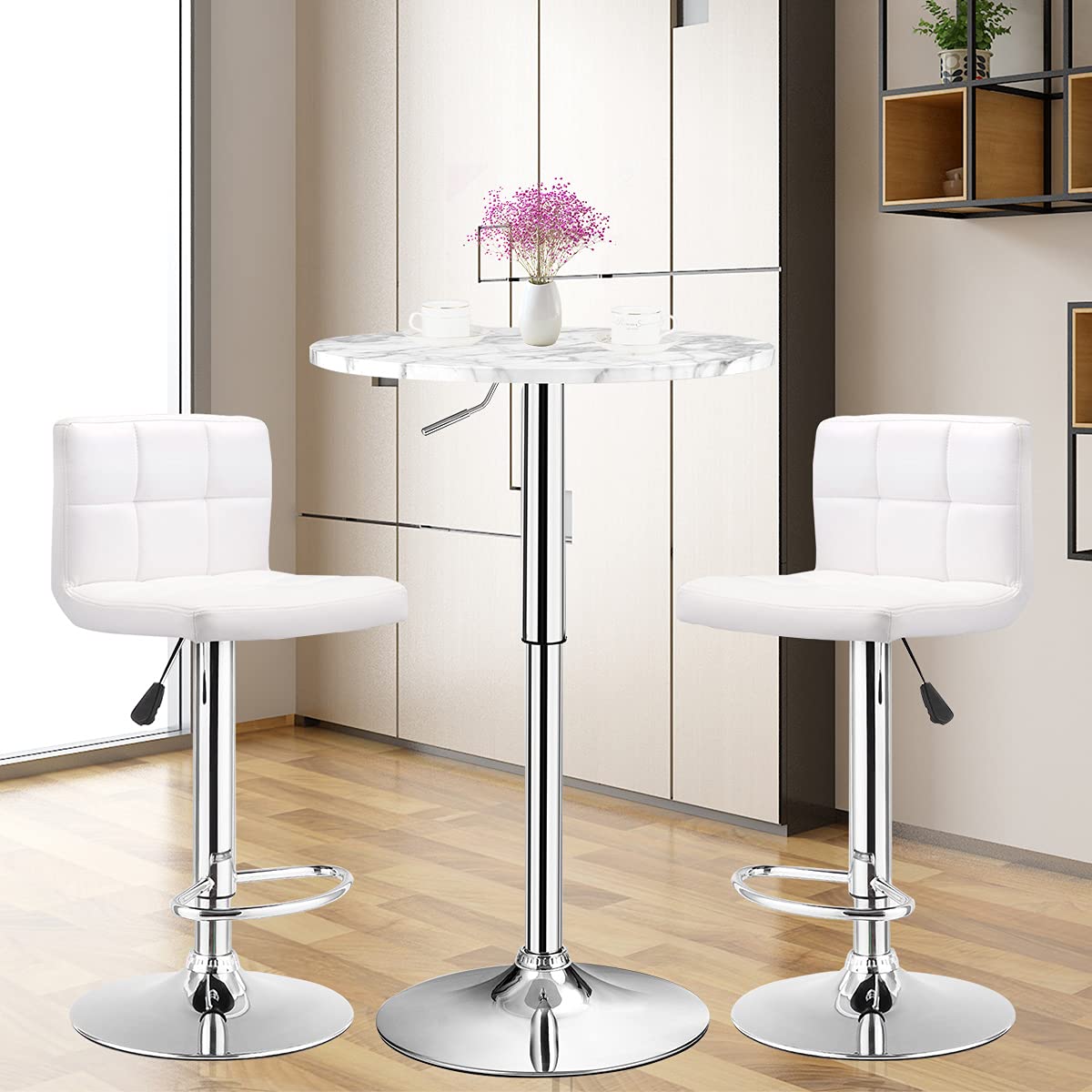 Giantex Round Pub Table Height Adjustable, 360° Swivel Cocktail Pub Table with Sliver Leg and Base for Home, Bar Table (White) Giantex