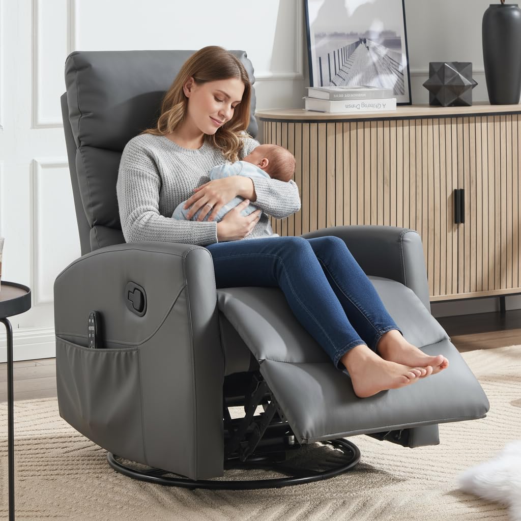 PELUMY Manual Recliner Chair with Heat & Vibration Massage, 360° Swivel Rocker Recliner with 155° Recline and Lumbar Heat, Compact Recliner for Living Room & Small Spaces (Breathable Leather, Grey) PELUMY