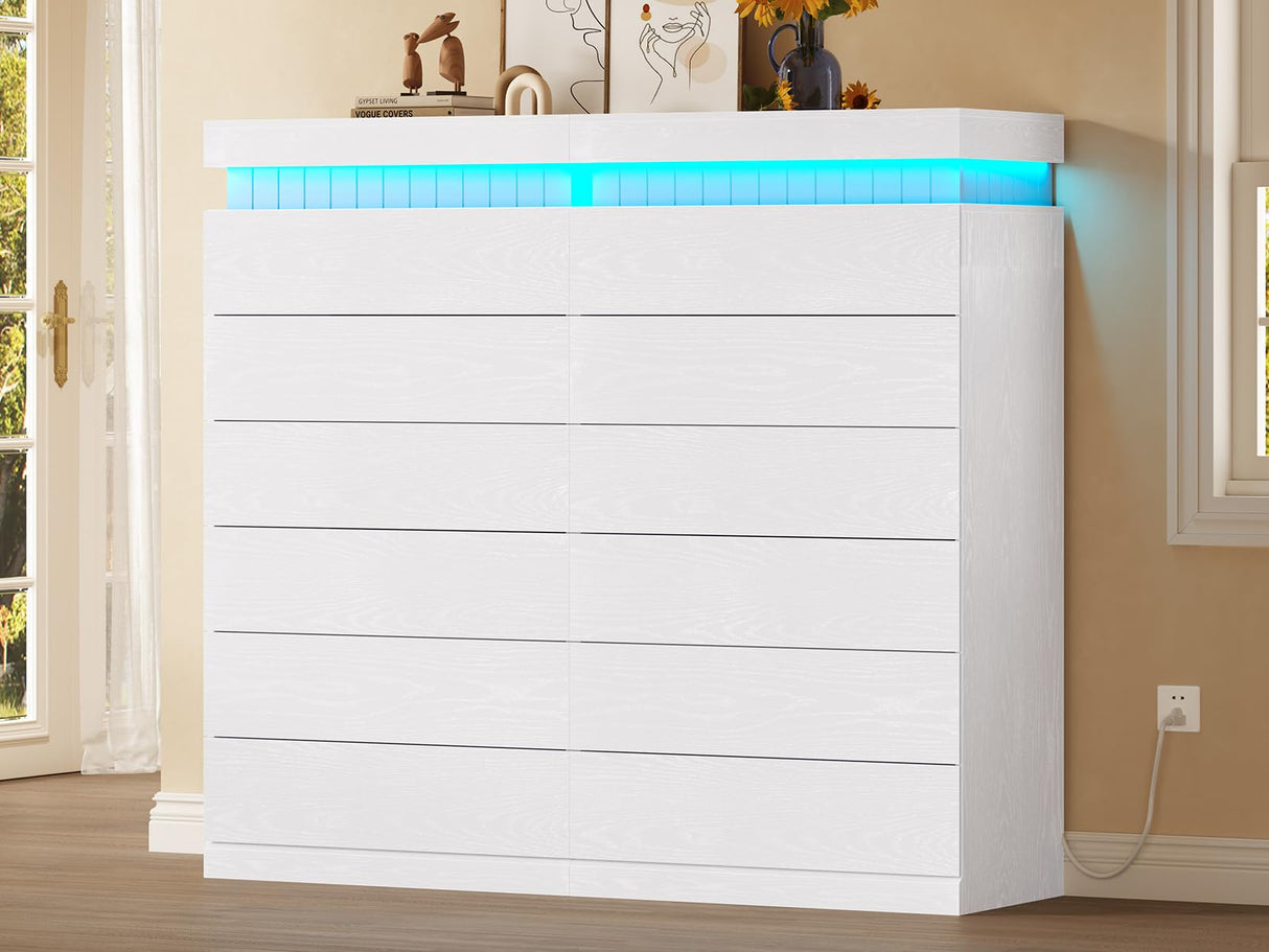 UPOSOJA Tall White Dresser for Bedroom, Modern 6 Wood Drawers with LED Light and Power Outlet, Floating Dressers for Closet, Large Chest of Drawer for Living Room, Hallway, Entryway (6 Drawers,White) UPOSOJA