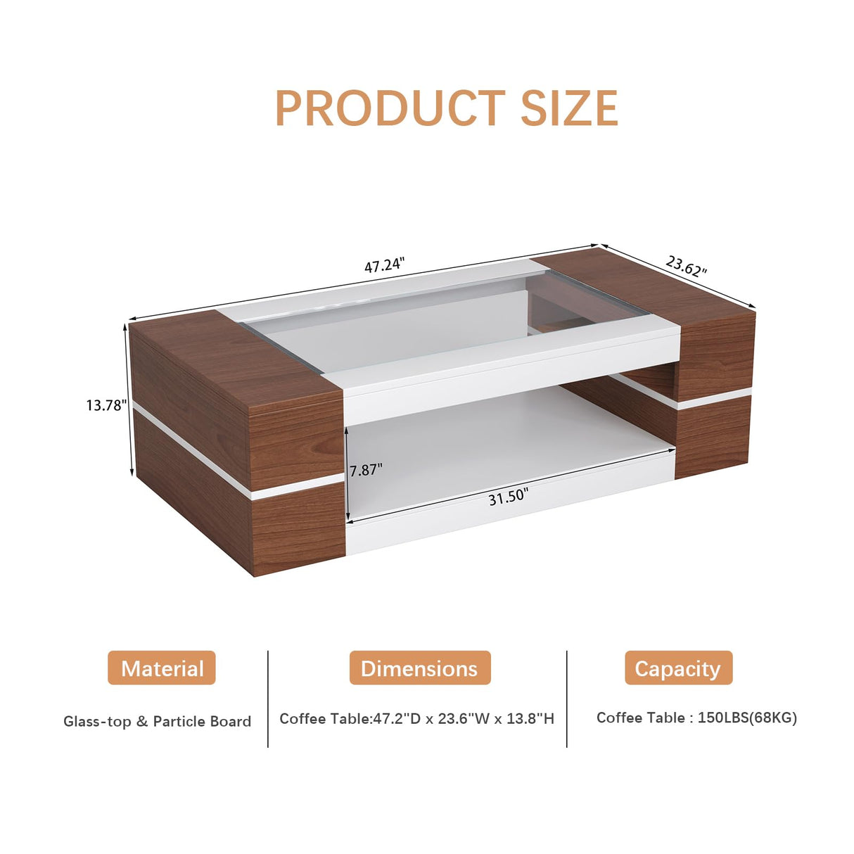 HedoAjim 47.2" Modern Stylish Coffee Table with Glass Table Top, Large Living Room Table Rectangular 2-Tier Center Tables with Storage, Wood Cocktail Tea Tables for Dining Reception Room, White Walnut HedoAjim