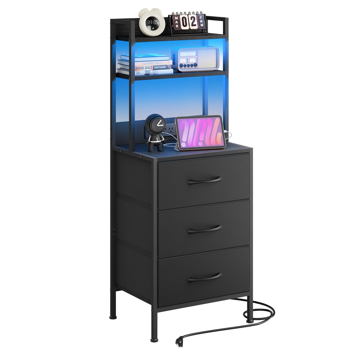 Fixwal 41 Inch Tall Nightstand with Charging Station, Led Night Stand with U-S-B Port & Socket, 3 PU Finished Fabric Storage Drawers, Office, Bedside Table & Bookshelf in One, Black Fixwal