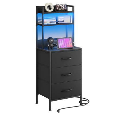 Fixwal 41 Inch Tall Nightstand with Charging Station, Led Night Stand with U-S-B Port & Socket, 3 PU Finished Fabric Storage Drawers, Office, Bedside Table & Bookshelf in One, Black