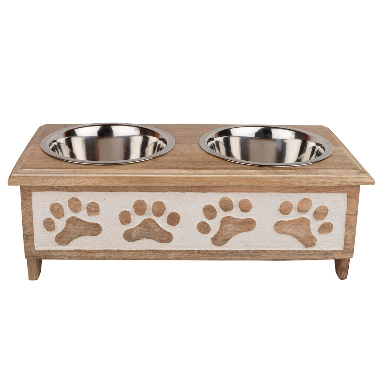 GoCraft Raised Dog Bowls for Small Dogs | Modern Farmhouse White Washed Elevated Wooden Stand Feeder with 2 Stainless Steel Bowls for your Pet Food & Water GoCraft