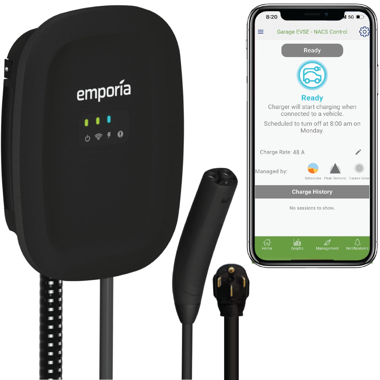 EMPORIA Level 2 EV Charger - NEMA 14-50 EVSE w/NACS, Compatible with Tesla - 48 amp EV Charger Level 2, 240v Electric Vehicle Charging Station, UL/Energy Star, 24ft Electric Car Charger Cable, Black EMPORIA