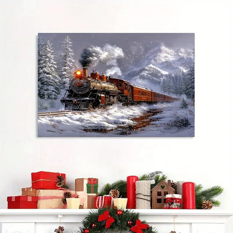 Train Paint by Numbers Kit for Adults,Winter Painting by Numbers,DIY Acrylic Paint Kit for Adults Beginners Without Frame,Easy Christmas Adult Paint by Number Kits on Canvas for Decor 16x20inch Canrichshop